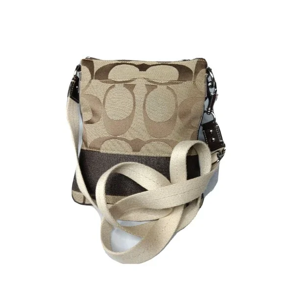 Coach Signature Swingpack Crossbody Khaki Brown Stripe Handbag Purse - Picture 3 of 8